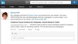 Dianna Huff mentions Christine Green's video and photography services on LinkedIn