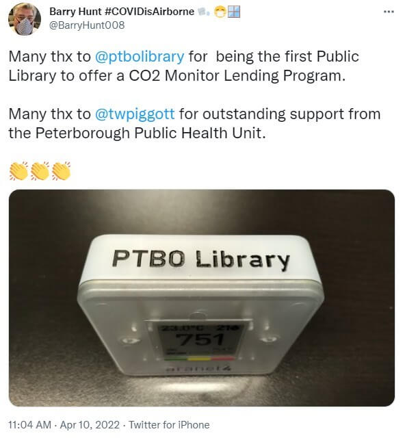 Tweet about Peterborough Ontario library lending CO2 monitors