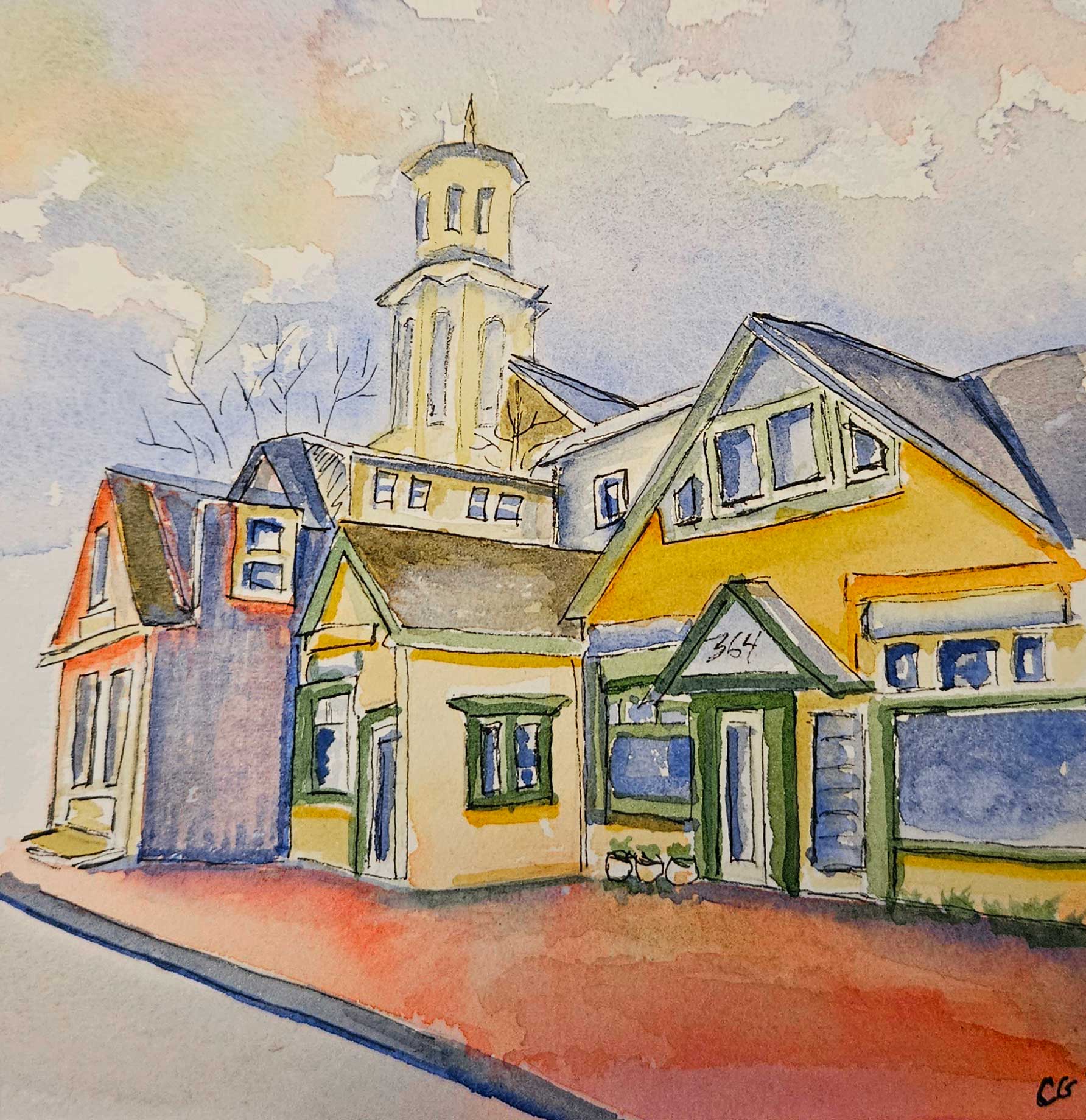 watercolor sketch of Provincetown buildings